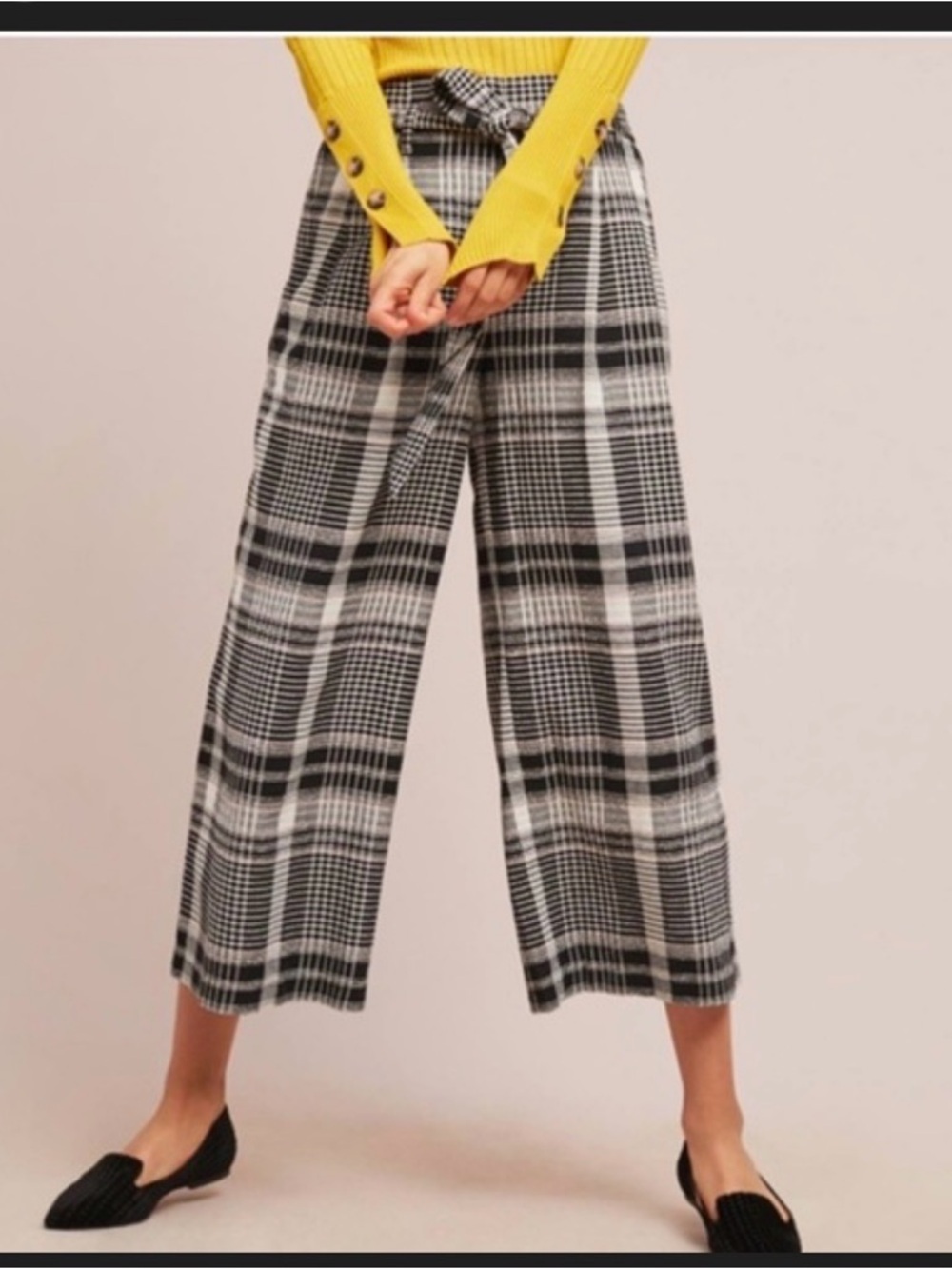 Zara black/white knit plaid, cropped wide-leg pull pants size S